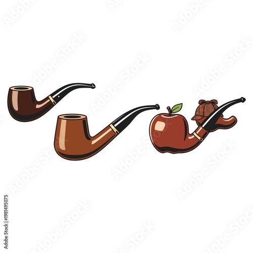 Sherlock Holmes Inspired Smoking Pipes, Apple, and Deerstalker Hat Illustration