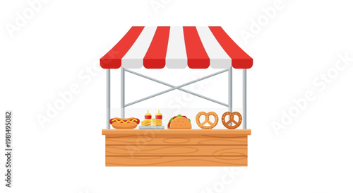 Street Food Stall with Hot Dogs, Tacos, and Pretzels