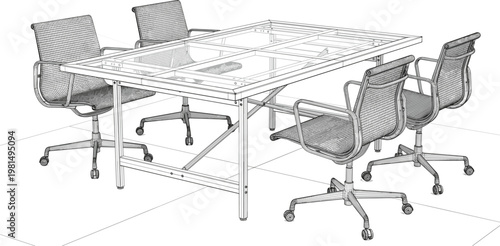 Office meeting table with chairs wireframe illustration, conference room furniture setup, workplace interior design and corporate environment concept minimal line style