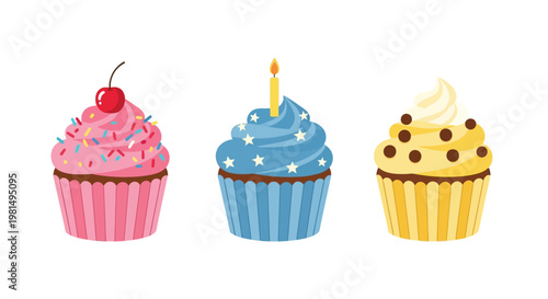 Three Delicious Cupcakes: Pink Cherry, Blue Star, Yellow Chocolate Chip