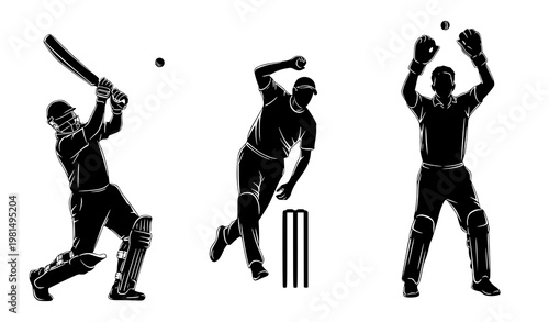 Cricket player silhouettes action set batsman bowler fielder vector illustration isolated on white background