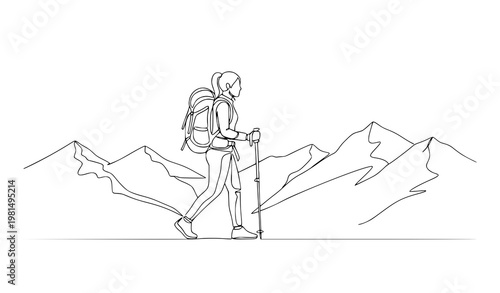 Minimal continuous line woman hiking mountain backpack adventure vector illustration isolated on white background