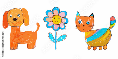 Child s drawing of a dog flower and cat with bright colors