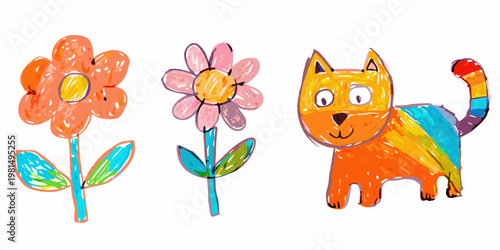 Child s drawing featuring a colorful cat and two vibrant flowers
