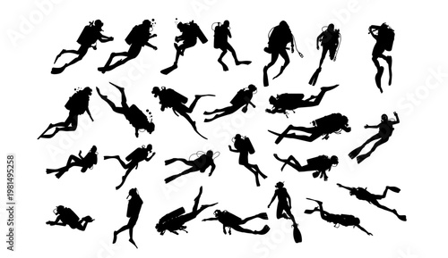 A collection of scuba divers in various swimming positions on a white background