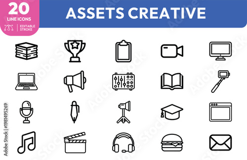 Modern minimalist outline icons for digital content creation media assets and creative marketing studio production