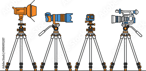Professional camera equipment set illustration with tripods and lighting gear, photography and videography tools collection for studio production concept