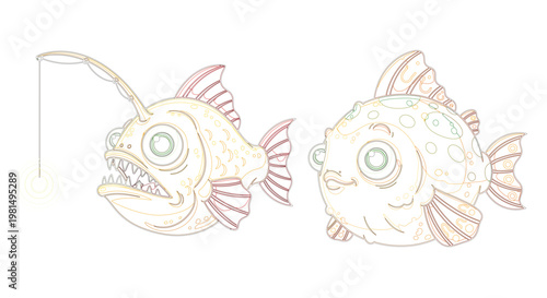 Flat vector deep sea fish set with anglerfish and pufferfish in bold pop art style isolated on white background
