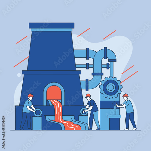 Industrial factory with workers and molten metal flow.
