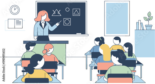 Female teacher explaining math on blackboard to diverse students in colorful classroom setting in flat illustration style for education