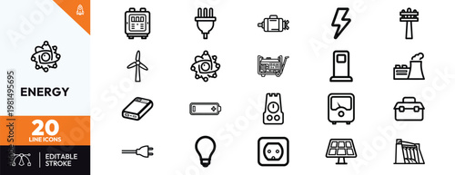 Collection of minimalist line icons depicting various energy sources power generation equipment and electrical supply elements.