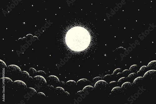 A bright full moon shines over a landscape of rolling hills and clouds