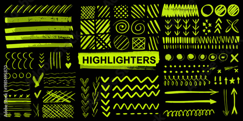 Collection of bright green highlighter style doodles and abstract shapes