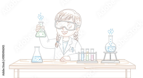 Little girl scientist character doing chemistry experiment in lab with flasks and test tubes flat vector illustration
