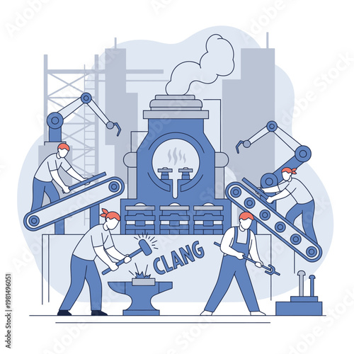 Industrial Factory Workers Operating Machinery and Robots.