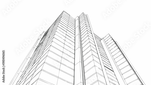 Architectural rendering of a modern skyscraper viewed from a low angle