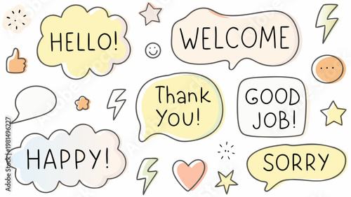 Colorful hand drawn doodles of greetings expressions and positive messages