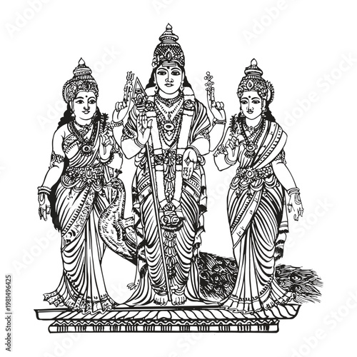Traditional lord murugan with valli and devanai lord subramaniya with wife