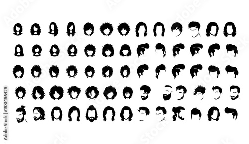 A collection of various black silhouettes of people's faces on a white background