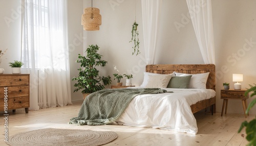 A serene bedroom scene with a wooden bed, dresser, plants, and a hanging light fixture in a bright room with white curtains and a green blanket.