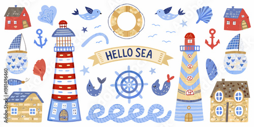 Colorful nautical illustrations featuring lighthouses boats and seaside elements