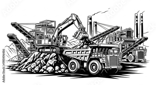 Heavy machinery excavating and loading materials in an industrial setting.