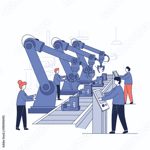 Robotic Arms Assembly Line with Human Operators Overseeing Production.