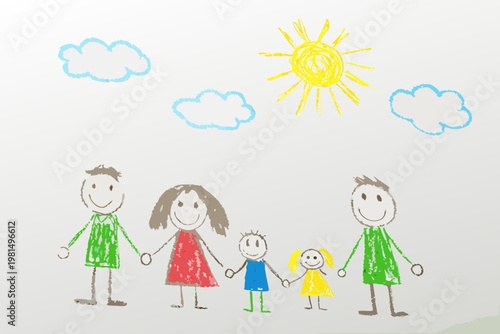 A child s crayon drawing depicts a family under a bright sun and clouds