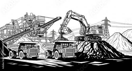Heavy machinery excavating and transporting materials at a mine site.