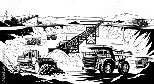 Open pit mine with heavy machinery and excavators working.