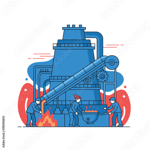 Industrial furnace with workers processing materials.