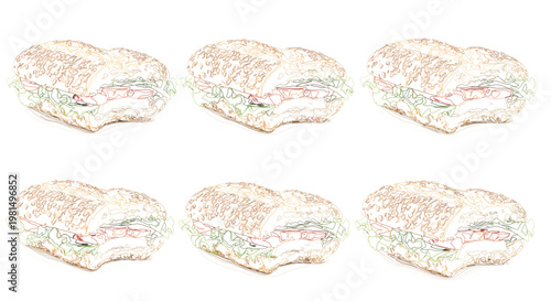 Minimalist sub sandwich line art vector set with fresh deli hoagies and vegetable fillings for healthy food menu design