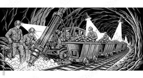 Miners working in a coal mine with a cart and machinery.