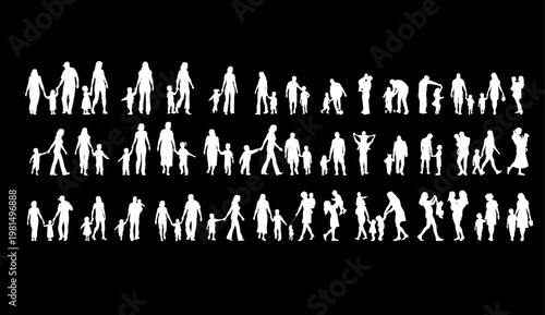 A collection of white silhouettes of people walking and standing on a black background