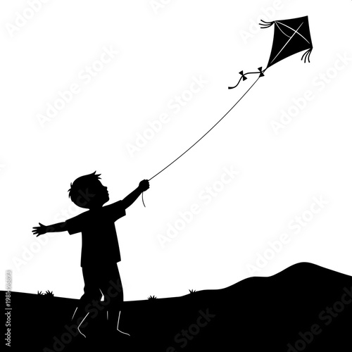 child flying diamond kite at sunset silhouette on hill outdoor fun activity