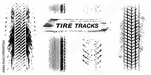 A collection of various black tire track impressions on white background
