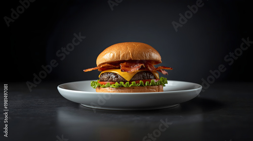 Gourmet Burger on Plate with Dark Background