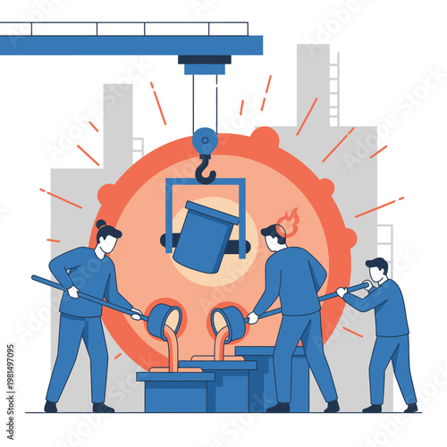 Industrial Foundry Workers Pouring Molten Metal.