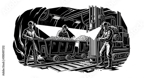 Miners working underground in a coal mine with carts and lights.