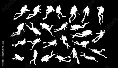 A collection of white silhouettes of people jumping and falling on a black background