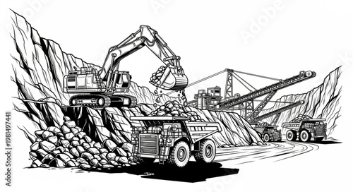 Mining Excavator Loading Truck in Open Pit Mine.
