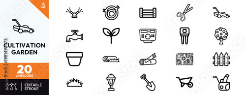 Minimalist line art set for professional gardening agriculture cultivation landscaping equipment and outdoor plant maintenance