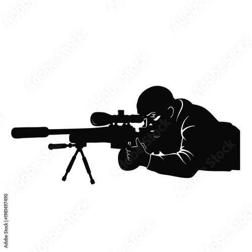 Silhouette of an armed sniper lying prone with a rifle and scope ready for action