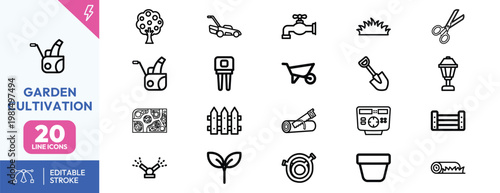 Set of professional gardening and landscaping line icons featuring tools equipment and outdoor maintenance elements