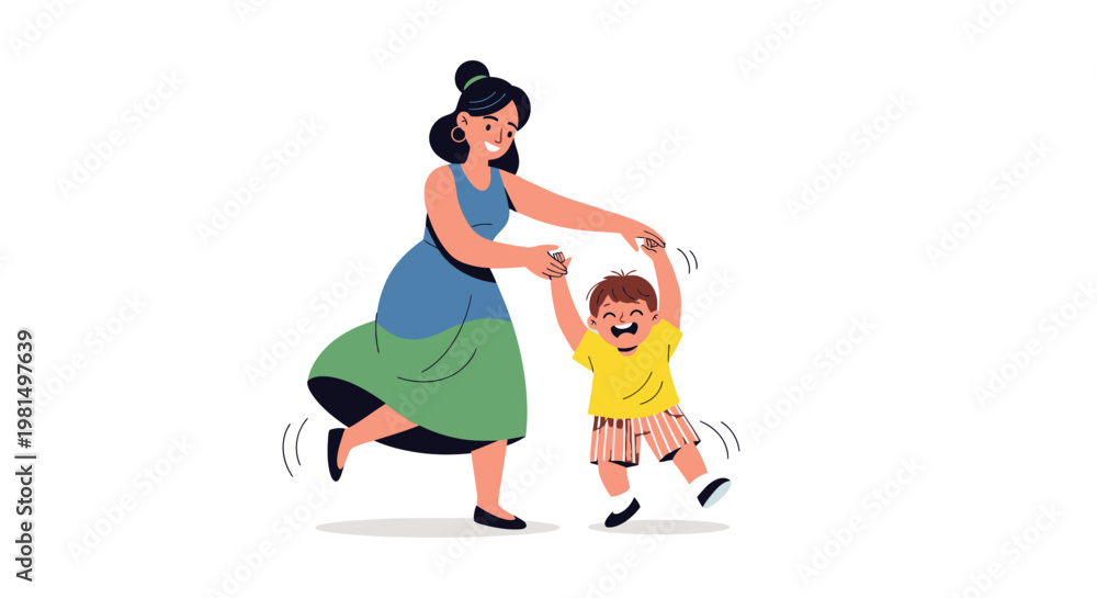 Fototapeta premium Mother and Child Dancing Together, Joyful Family Moment, Flat Illustration