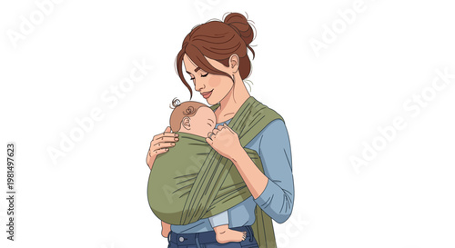 Mother holding sleeping baby in a green fabric wrap sling on white background