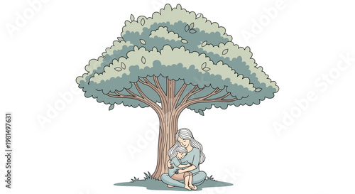 Mother Holding Child Under Large Tree, Gentle Embrace, Family Love, Outdoor Scene