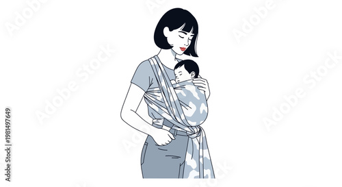 Mother holding baby in sling, illustration, gentle embrace, parental care, bonding