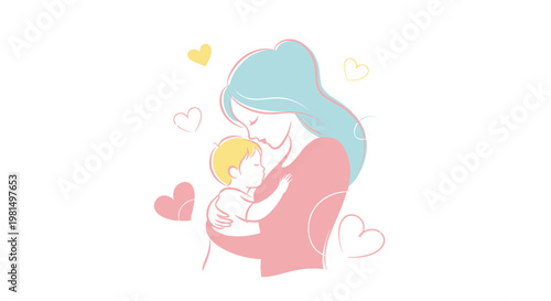 Loving Mother Hugging Baby with Hearts - Gentle Connection, Family Love, Maternity