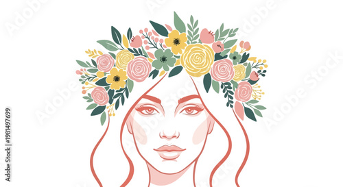 Beautiful Woman with Floral Wreath Crown, Spring Summer Fashion, Elegant Beauty Portrait